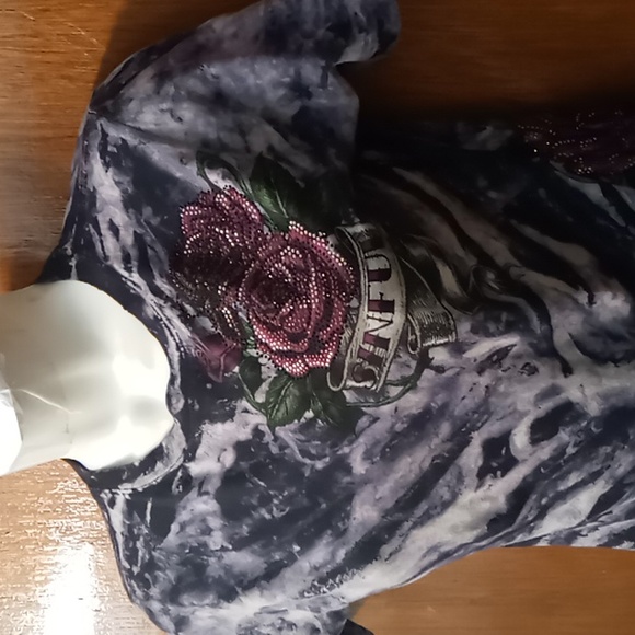 Sinful Black /White Print With Pink Roses and Skull Small Size Stretchy - Picture 5 of 14